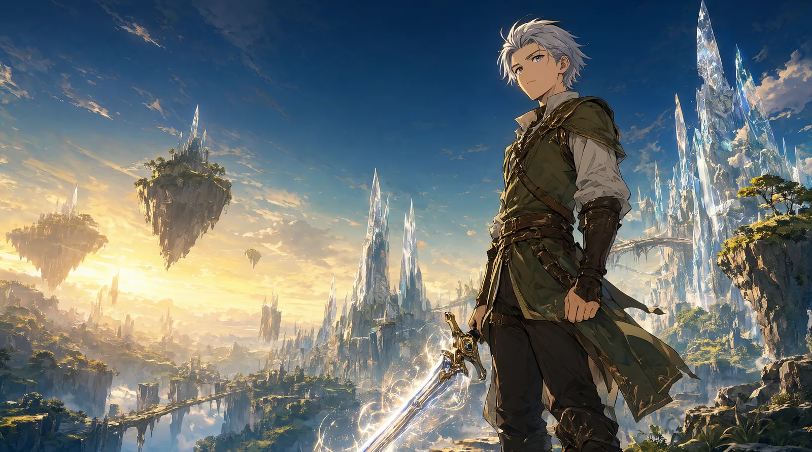 A young silver-haired adventurer holds a glowing sword before a fantasy kingdom of floating islands